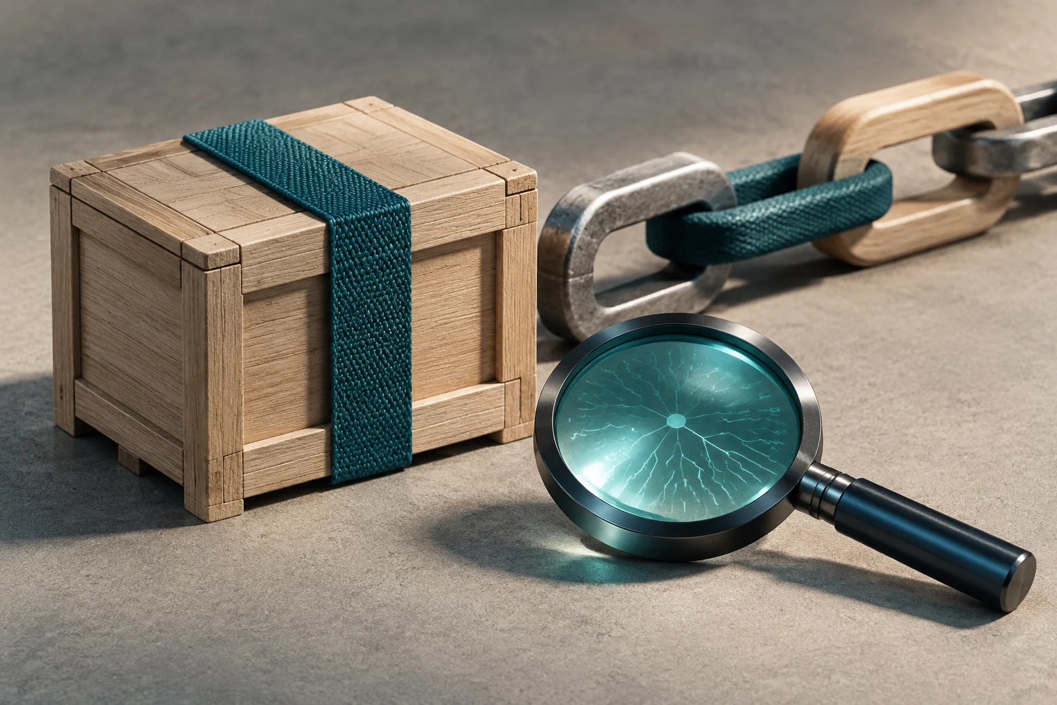 Una caja de madera sujeta con una correa aparece junto a una cadena metálica y una lupa que amplía un patrón de conexiones luminosas.