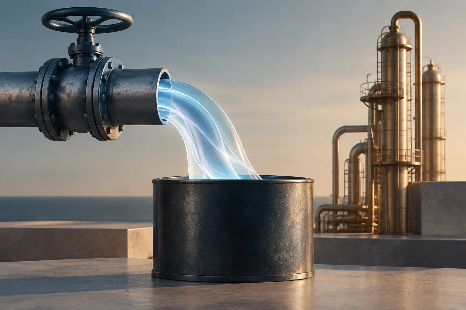 Una tubería metálica vierte un flujo azul brillante en un recipiente cilíndrico, con una planta industrial de procesamiento al fondo.