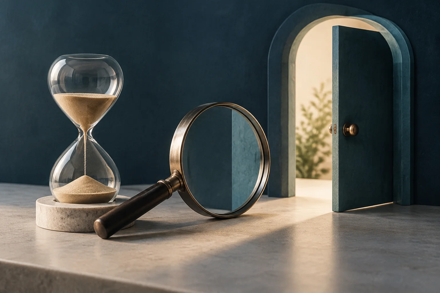 Un reloj de arena de vidrio y una lupa descansan sobre una mesa de piedra; al fondo, una puerta azul abierta deja entrar luz cálida.