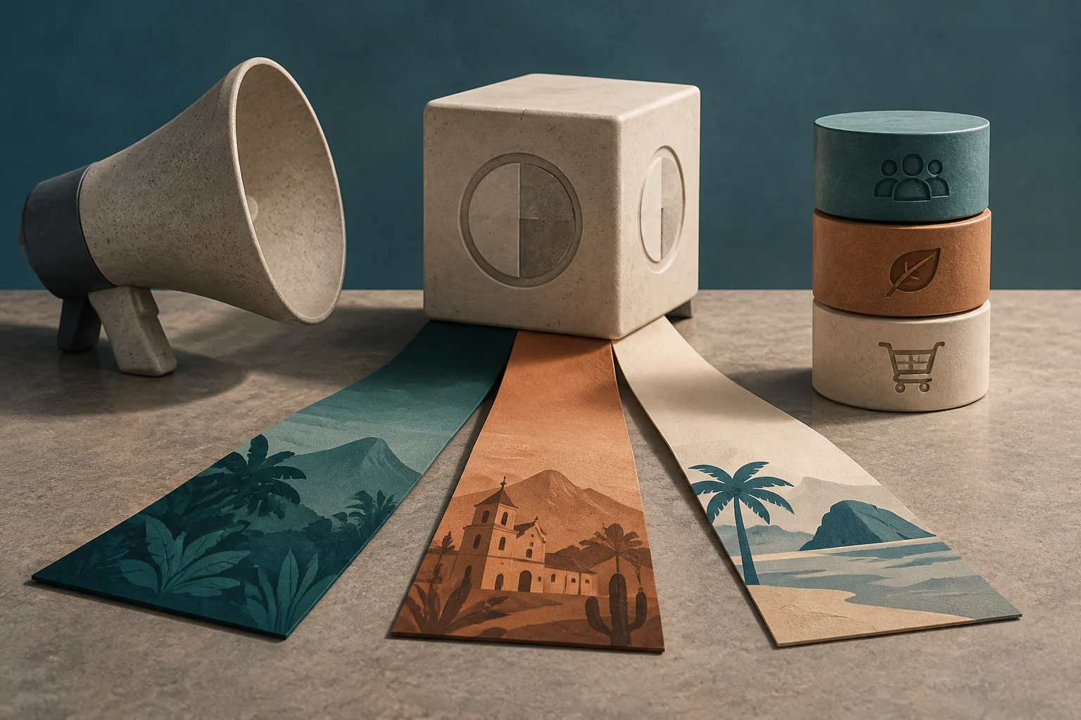 Un megáfono y un cubo con un símbolo circular se sitúan junto a tres cilindros apilados con iconos de personas, una hoja y un carrito. Tres tiras de distintos colores se extienden hacia el primer plano con paisajes ilustrados diferentes.