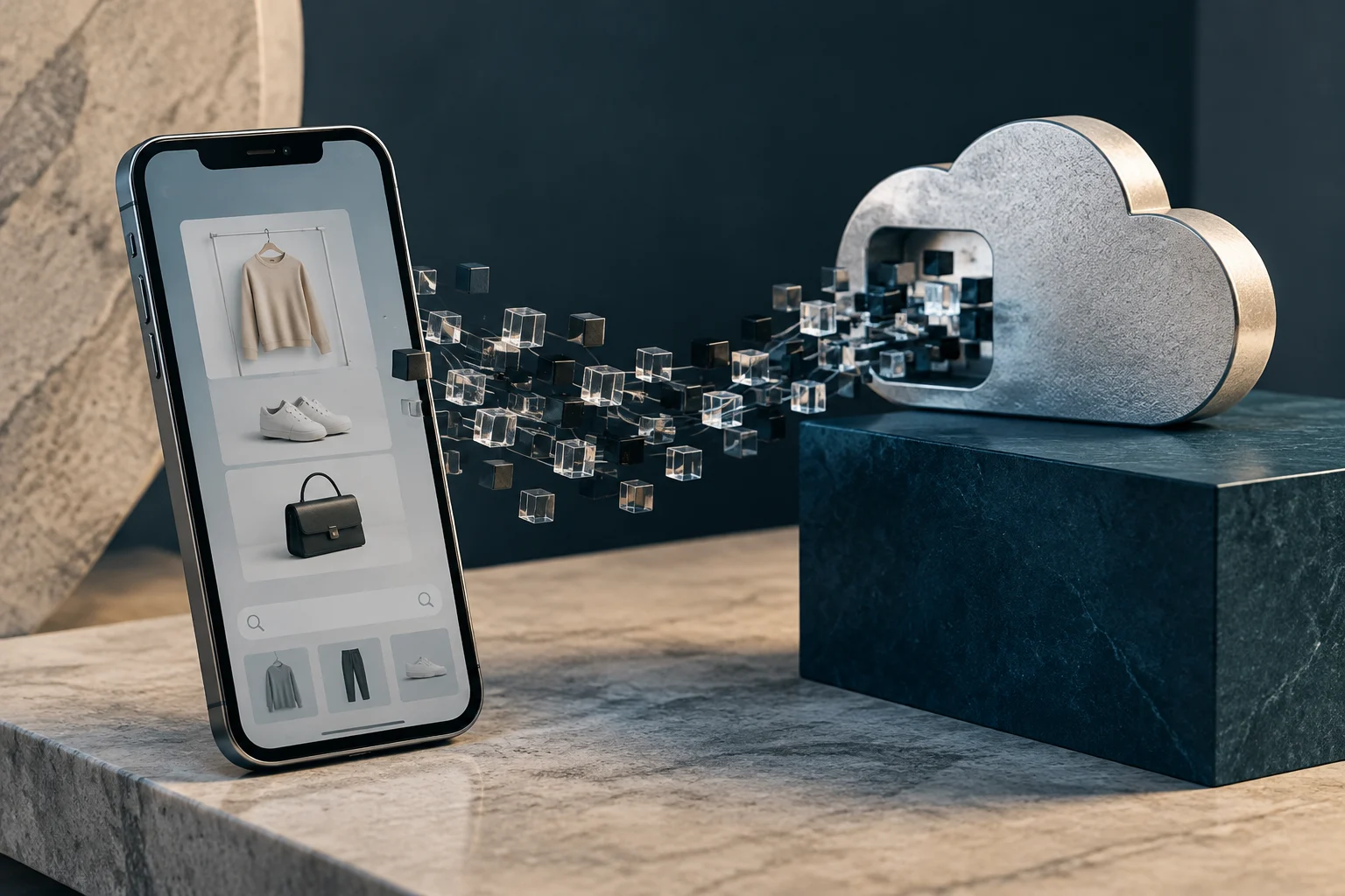 Un teléfono inclinado muestra prendas y accesorios en una aplicación de compras; cubos transparentes y oscuros se desplazan hacia una gran nube escultórica sobre una base.
