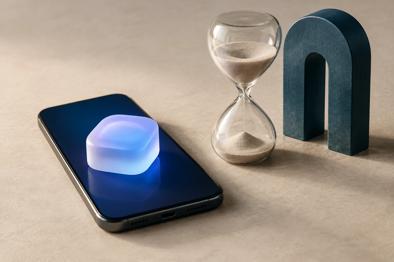 Un teléfono oscuro sobre una superficie clara muestra un objeto luminoso azul y violeta. A su lado hay un reloj de arena y un arco oscuro.