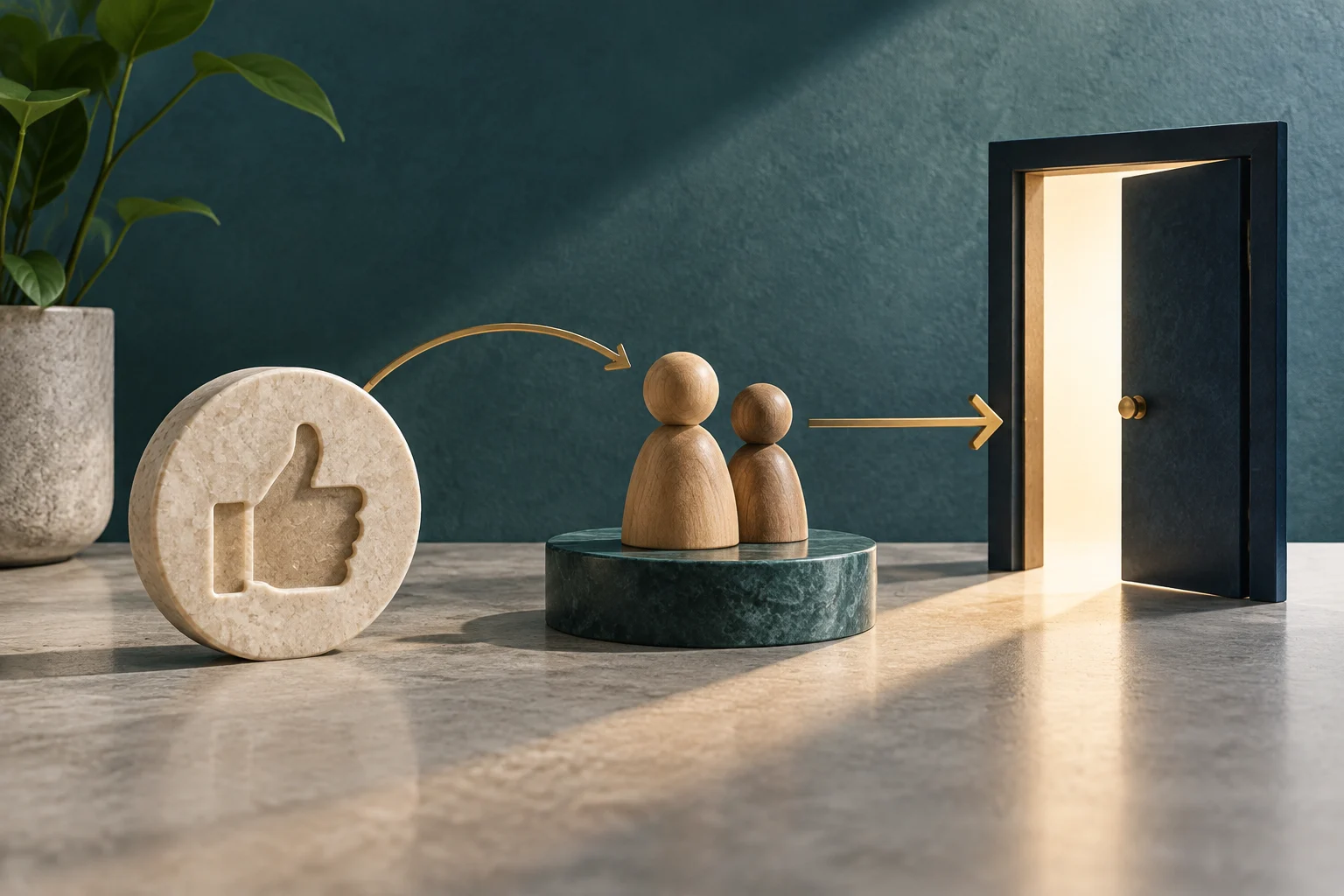 Un disco de piedra con un pulgar hacia arriba tallado apunta, mediante flechas doradas, a dos figuras de madera y luego a una puerta abierta e iluminada.