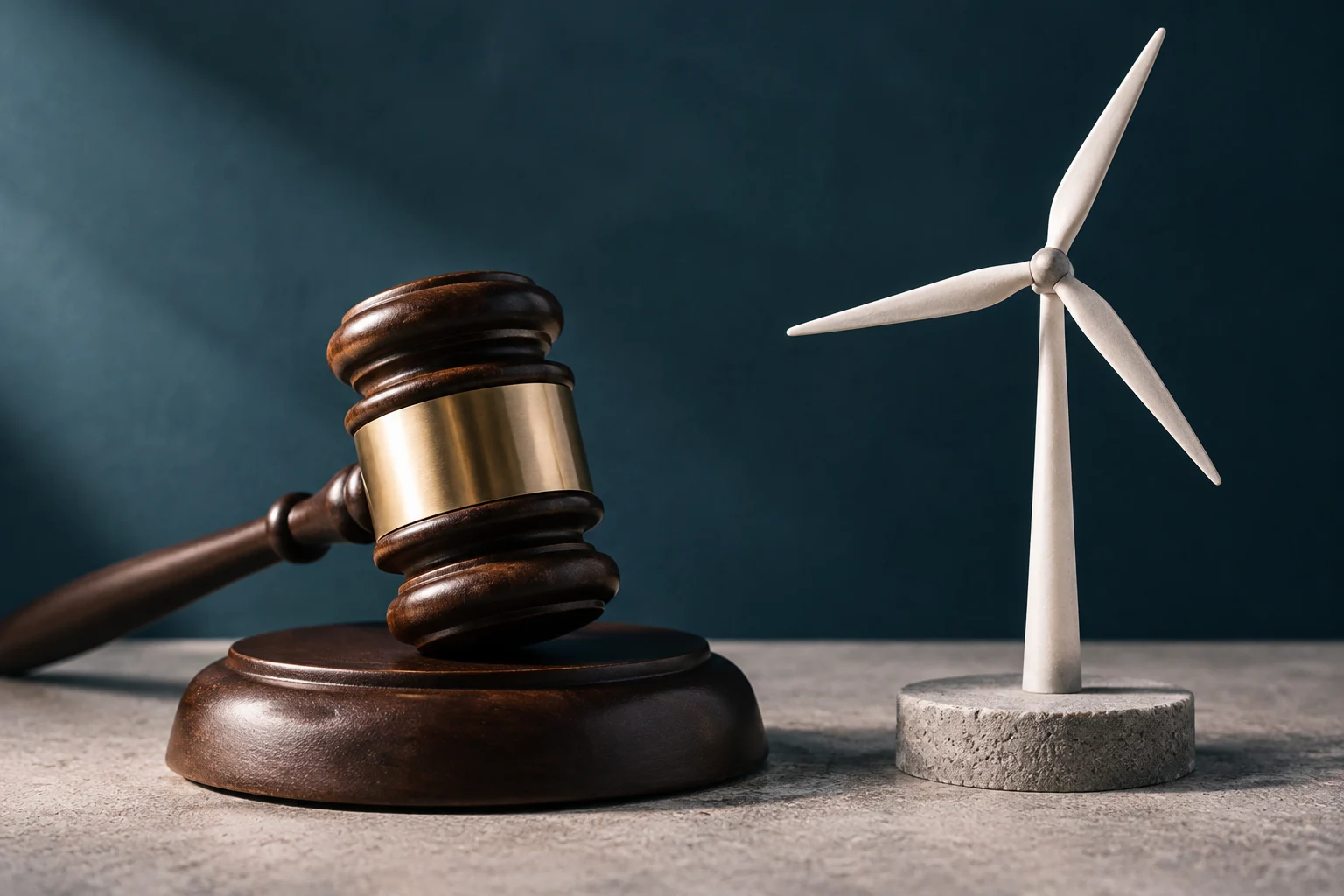 Un mazo judicial de madera junto a una turbina eólica en miniatura, sobre una superficie de piedra.