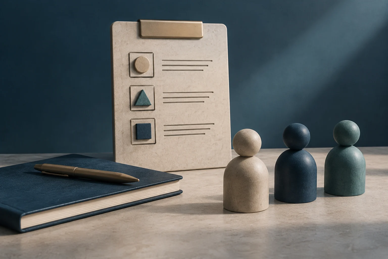 Una tabla con tres criterios representados por un círculo, un triángulo y un cuadrado, junto a un cuaderno y tres figuras humanas abstractas de distintos colores.