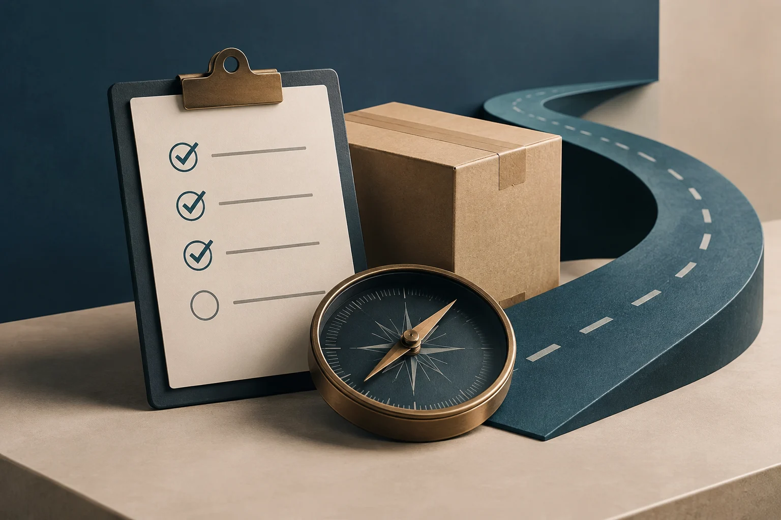 Una lista de control con varias marcas de verificación aparece junto a una caja de cartón, una brújula y una carretera curva.