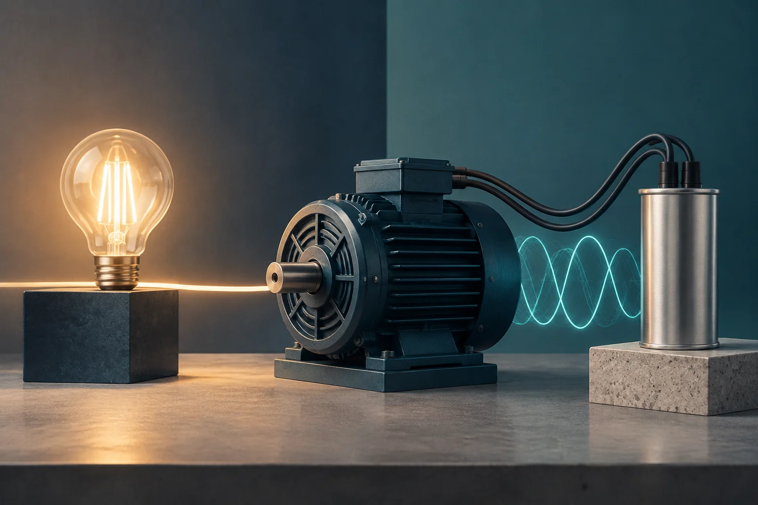 Ilustración conceptual de un motor eléctrico conectado a un componente cilíndrico metálico, con una bombilla encendida a la izquierda y una onda sinusoidal azul entre el motor y el componente.