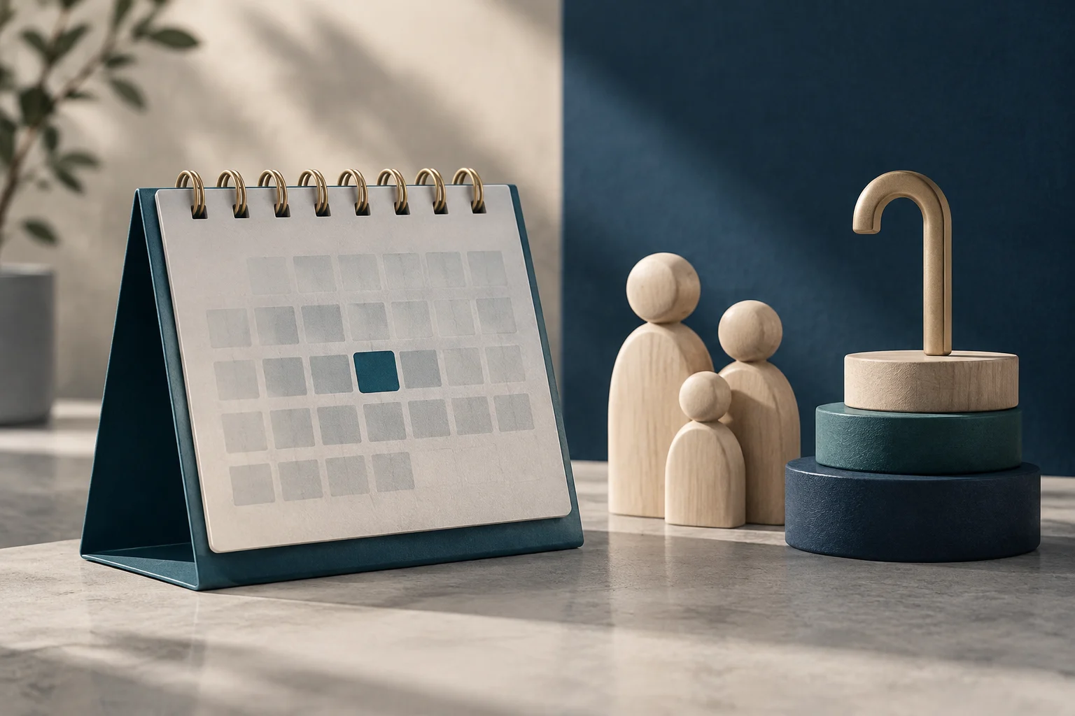 Un calendario de sobremesa con una casilla azul resaltada aparece junto a tres figuras de madera de distintos tamaños y un signo de interrogación abstracto sobre una base escalonada.