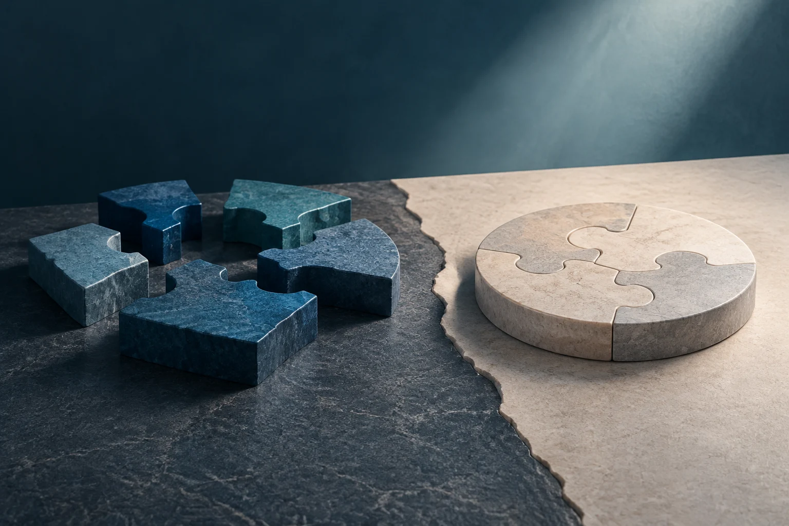 Varias piezas de rompecabezas de piedra azul están separadas sobre una superficie oscura, junto a un rompecabezas circular ensamblado de color claro al otro lado de una grieta.