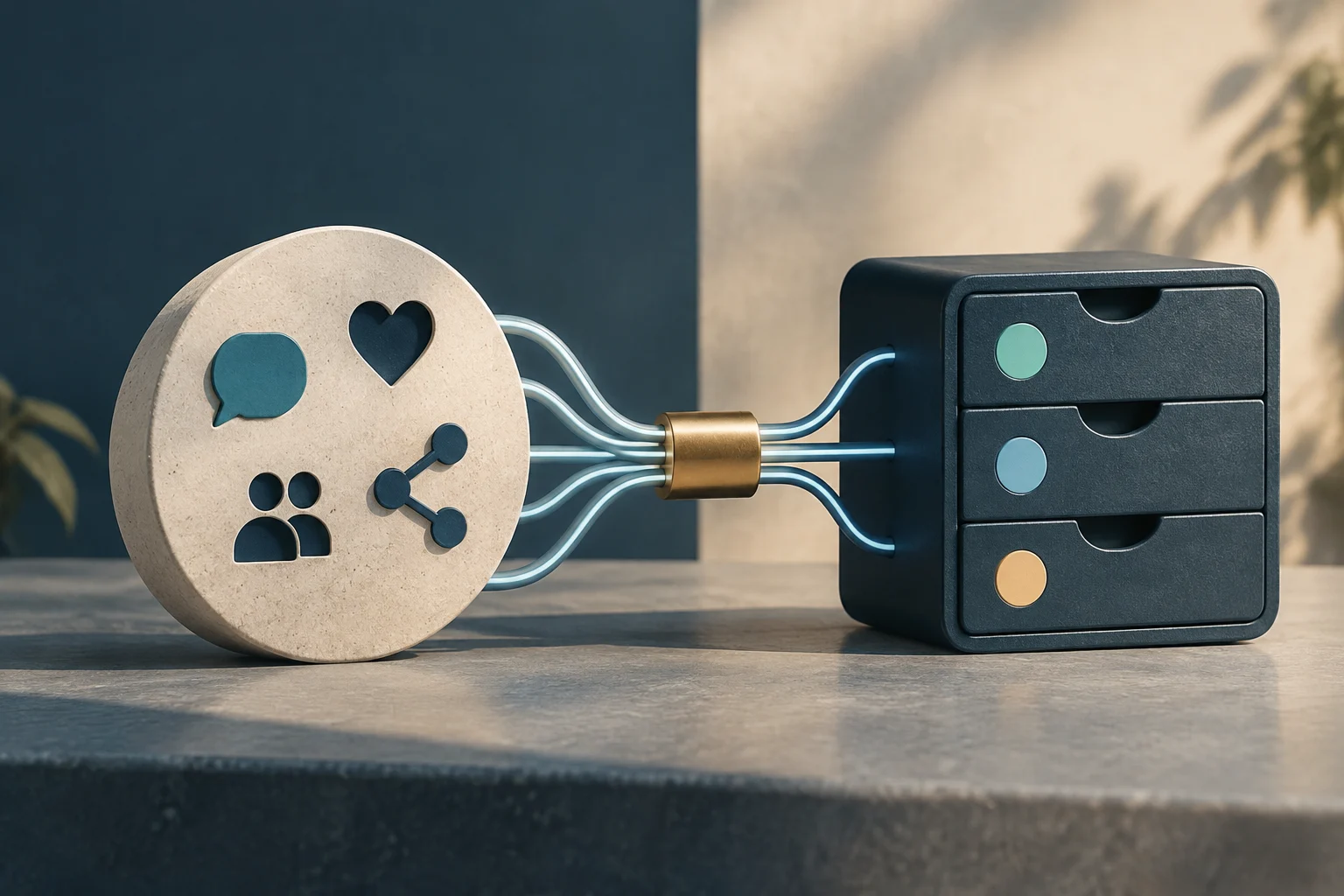 Una pieza circular con iconos de conversación, corazón, personas y conexiones está unida mediante cables luminosos a un archivador oscuro de tres cajones.
