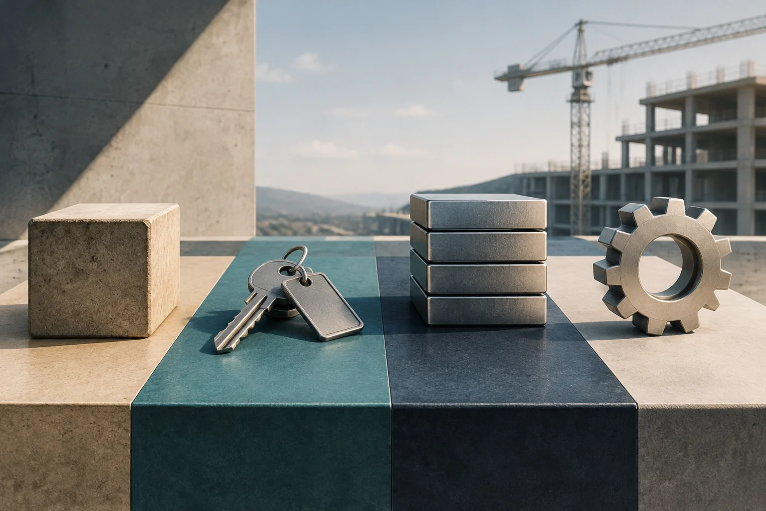 Ilustración conceptual con un ladrillo, un juego de llaves, una pila de monedas y un engranaje metálico sobre una superficie de hormigón, con una grúa y un edificio en construcción al fondo.