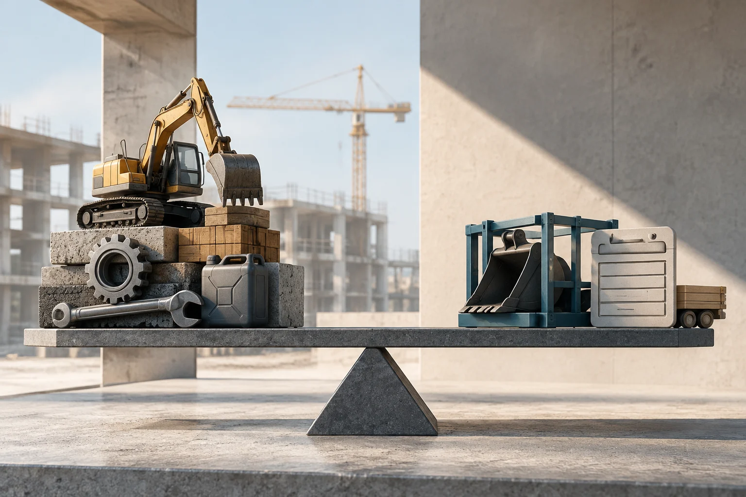 Ilustración conceptual de una balanza en un entorno de construcción. En un lado hay una excavadora con herramientas y consumibles, y en el otro un contrato y una pieza de maquinaria, simbolizando la comparación de costes.