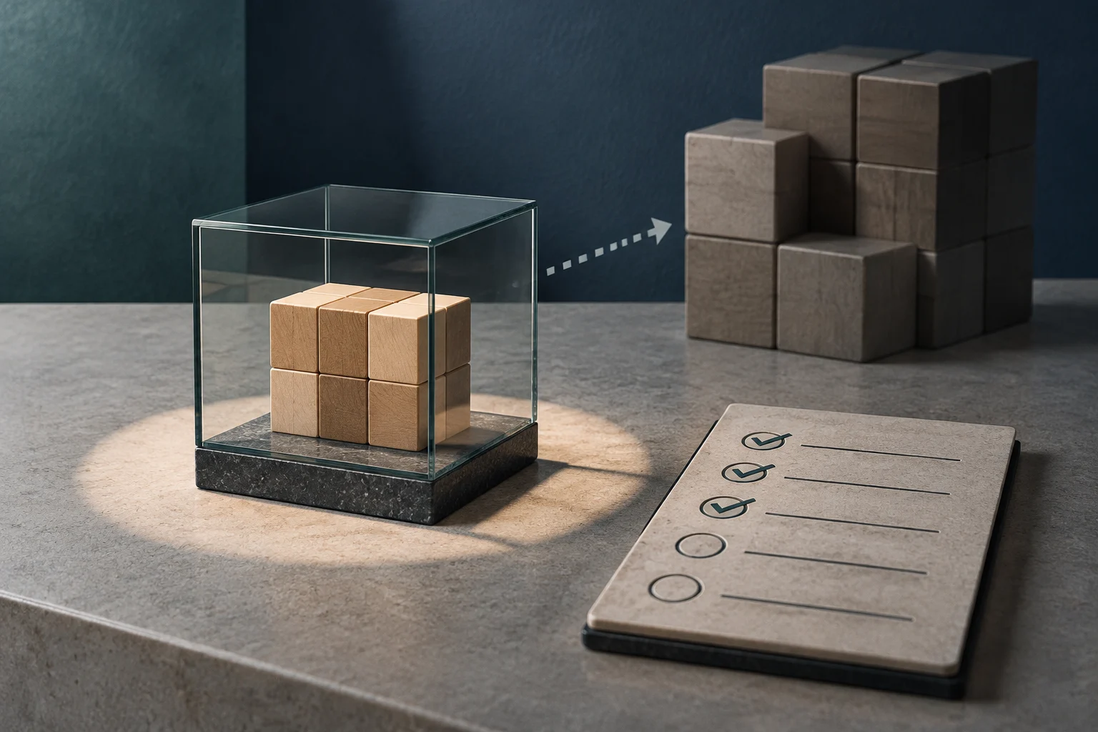 Ilustración conceptual de un pequeño grupo de cubos de madera dentro de una caja de cristal, con una flecha punteada apuntando a un grupo más grande de cubos de piedra al fondo. A la derecha, una lista de verificación con casillas marcadas.