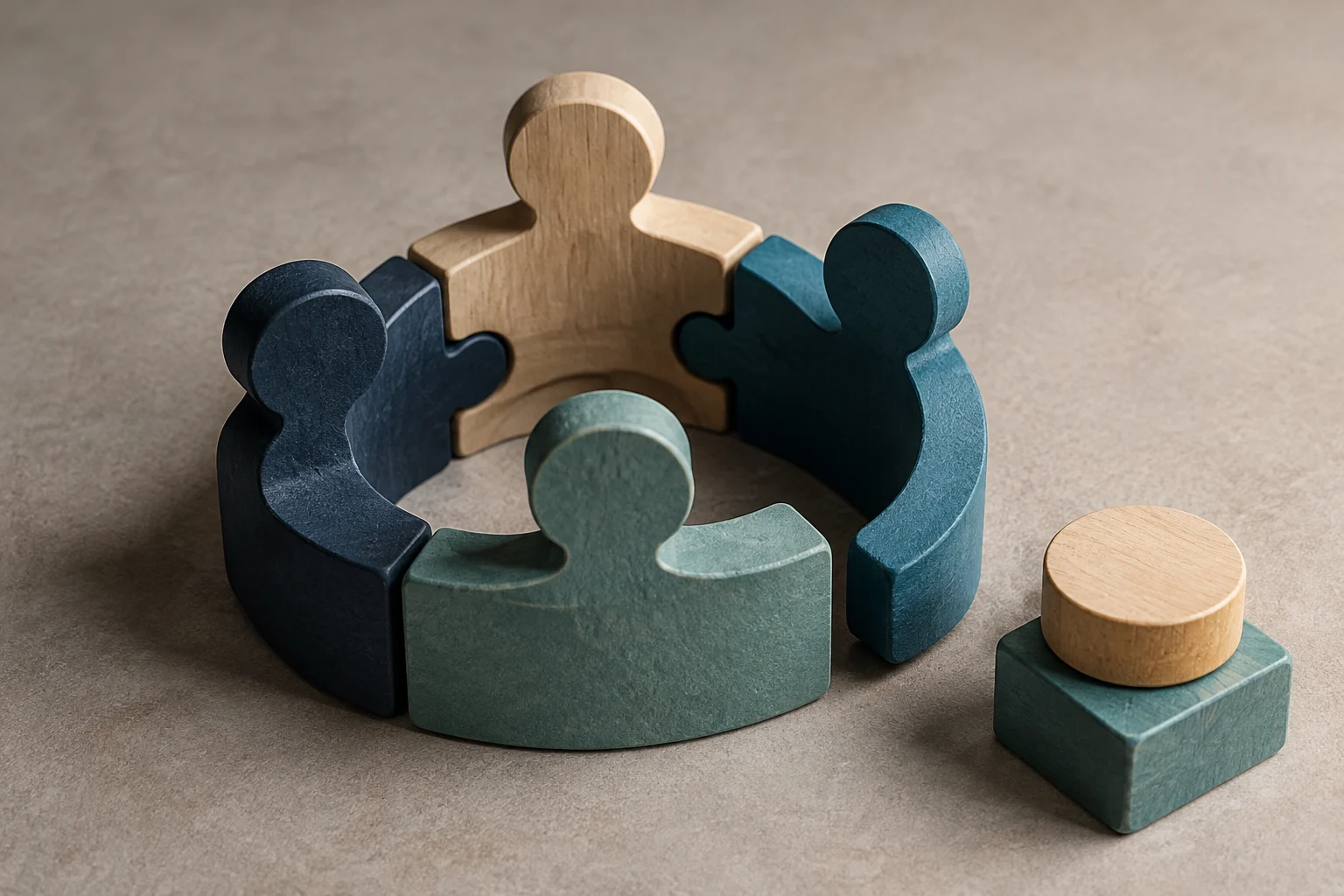 Cuatro piezas de rompecabezas de madera con forma de figuras humanas abstractas en tonos de azul, verde y madera natural, unidas en un círculo sobre una superficie de color beige.