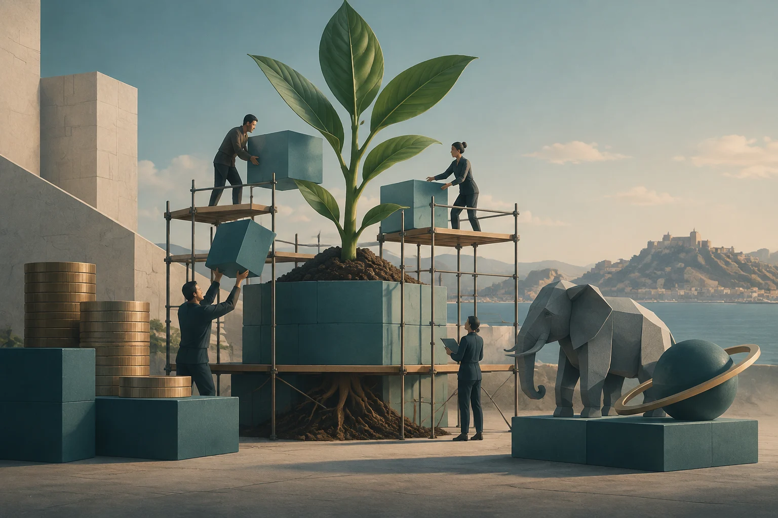 Ilustración conceptual de varias personas que construyen una estructura de bloques alrededor de una planta joven; a un lado hay monedas apiladas y, al otro, esculturas de un elefante y un planeta con anillos.