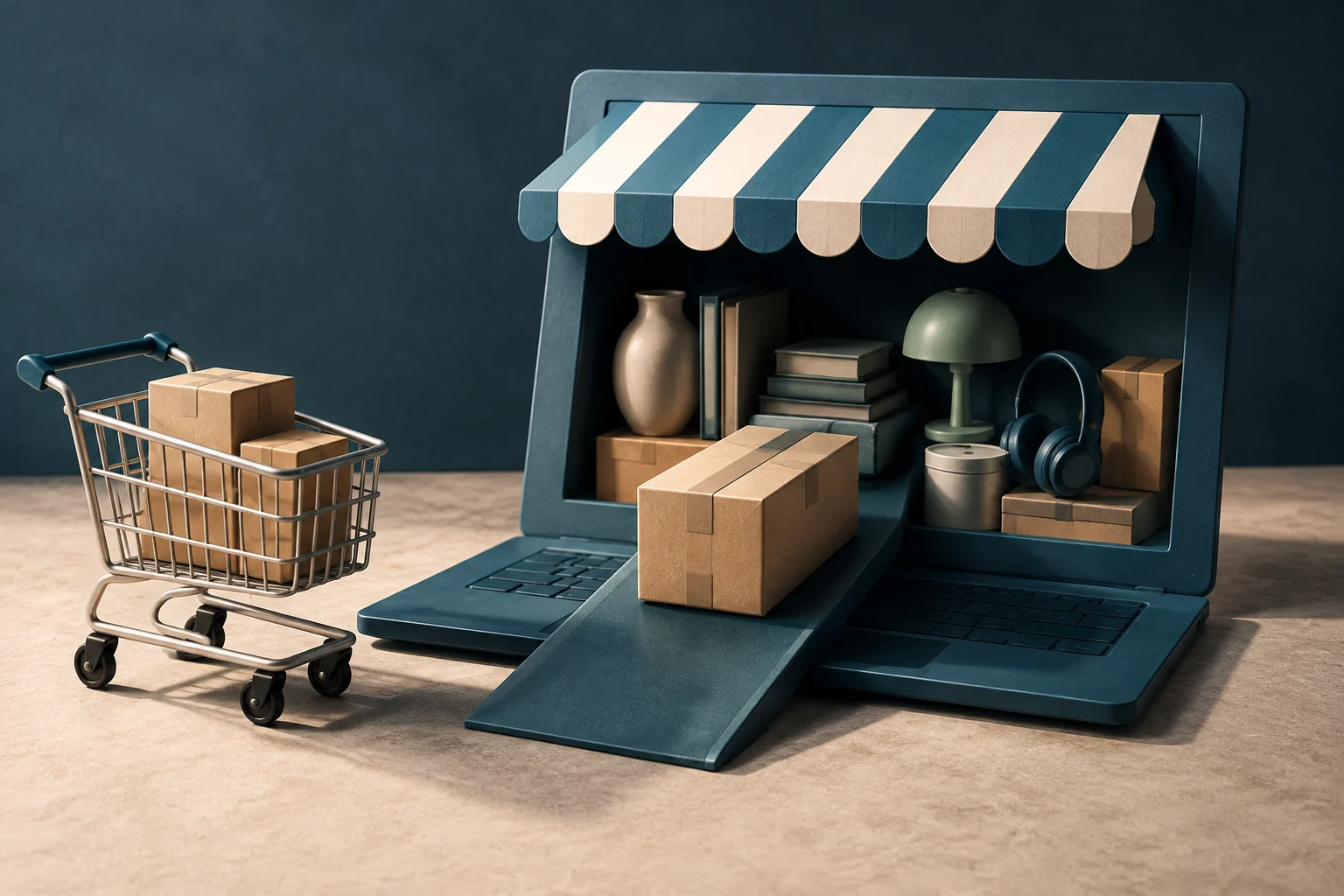 Ilustración 3D de un portátil azul que simula una tienda con toldo a rayas, de cuyo interior salen cajas de cartón por una rampa, junto a un carrito de la compra metálico lleno de paquetes.