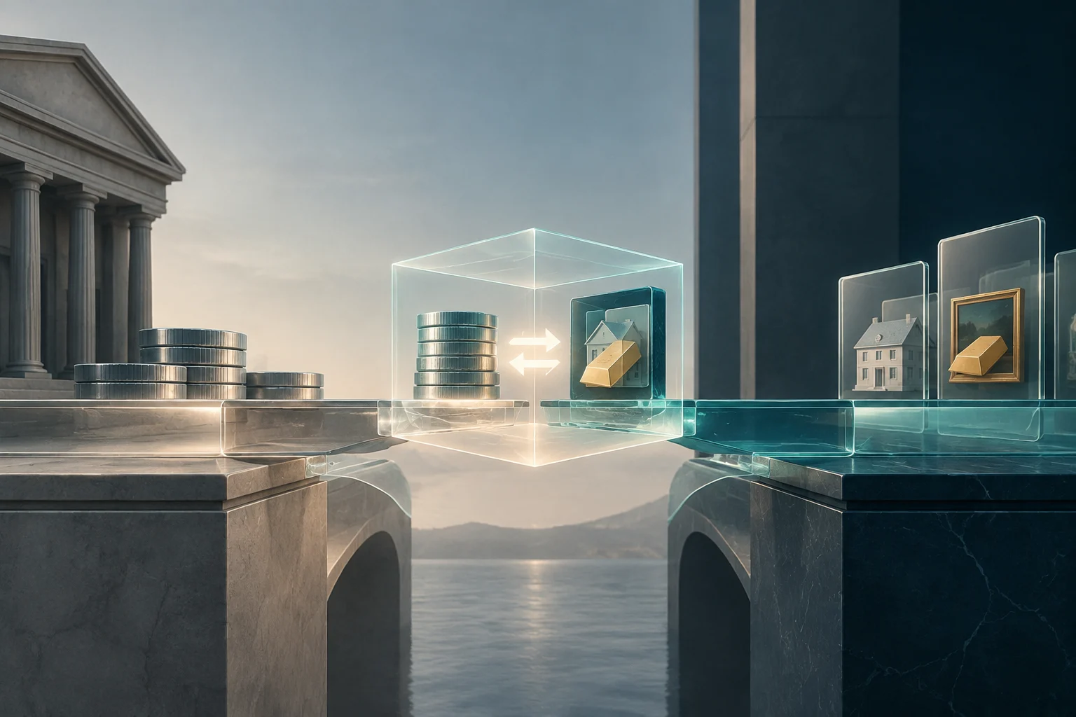 Ilustración conceptual de pilas de monedas y paneles transparentes con una vivienda y un lingote de oro, conectados por flechas de intercambio entre dos plataformas de piedra.