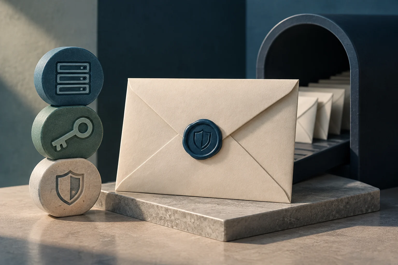 Ilustración 3D de un sobre de papel con un sello de lacre azul con forma de escudo, acompañado de tres discos apilados con iconos de servidor, llave y escudo, sobre una superficie de piedra.