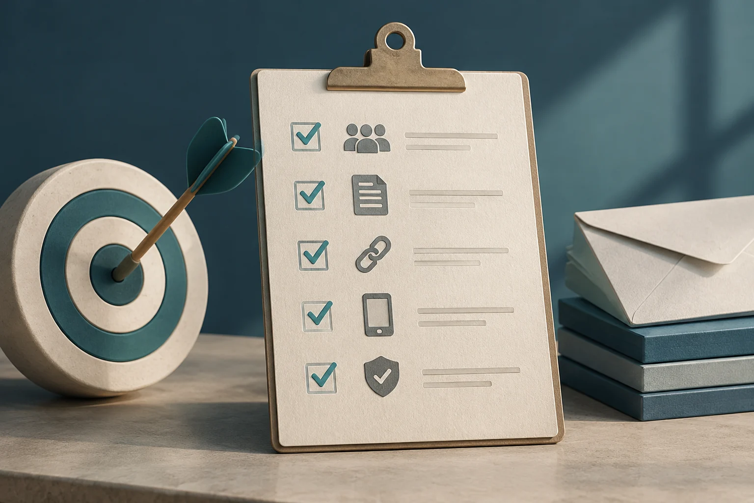 Ilustración 3D de un tablero con una lista de verificación con iconos de audiencia, documento, enlace, móvil y seguridad, junto a una diana con una flecha y una pila de sobres de correo.