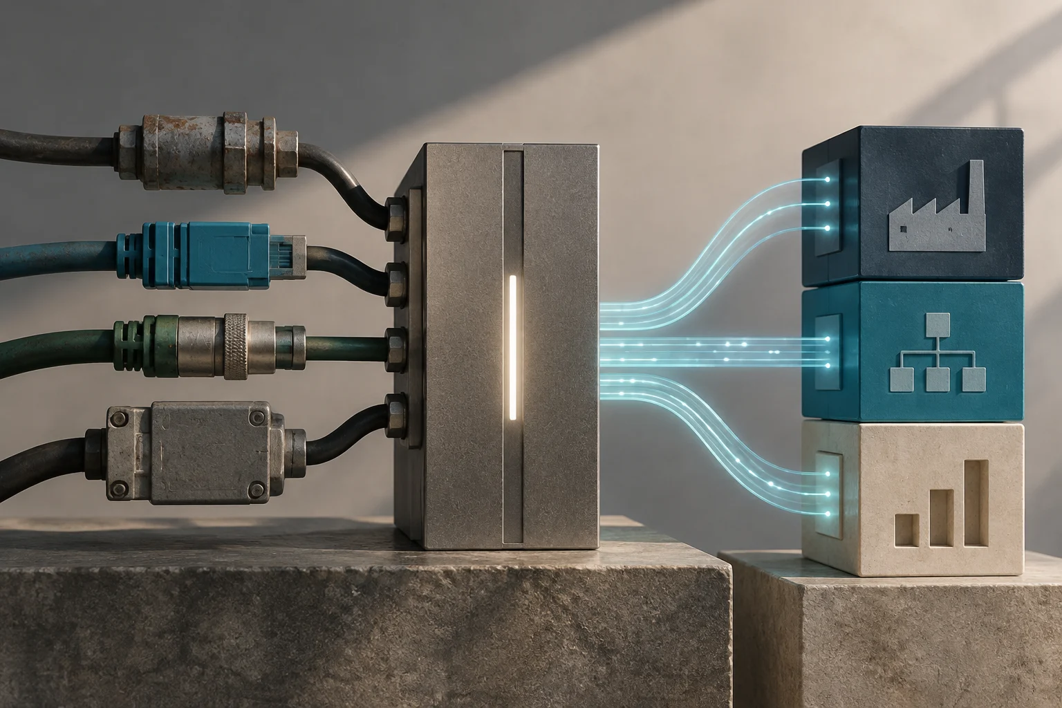 Ilustración 3D conceptual sobre pedestales de hormigón con fondo neutro: a la izquierda, varios conectores industriales de distintos tipos y colores unidos por cables a un bloque metálico central con una línea de luz vertical; de este bloque salen líneas de luz azuladas que se dirigen a la derecha hacia tres bloques apilados con iconos de una fábrica, una jerarquía en árbol y unas barras.