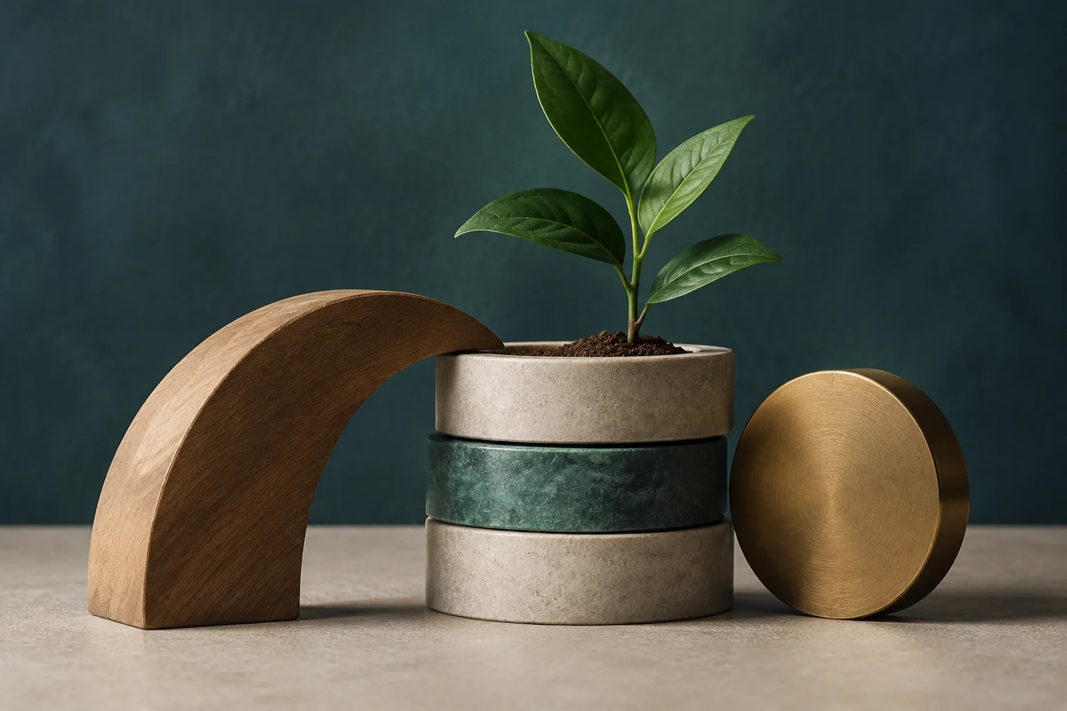 Ilustración conceptual de una planta verde brotando de una pila de monedas de colores, acompañada de formas geométricas de madera y metal sobre una superficie de piedra.