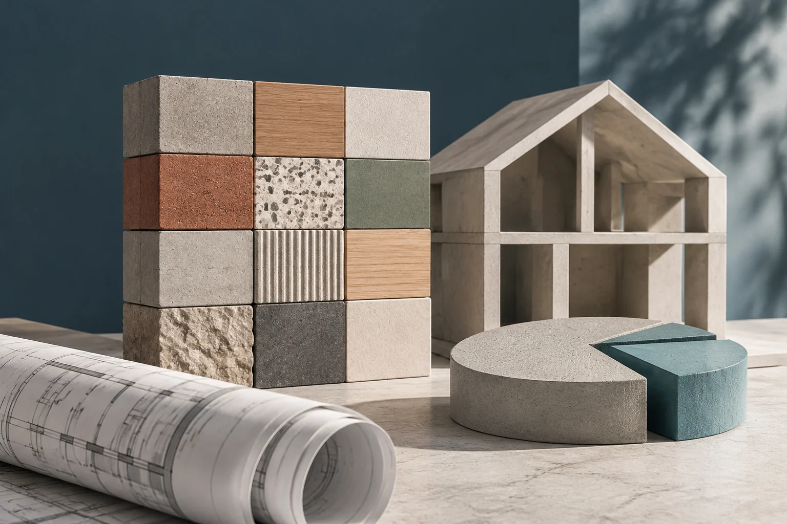 Ilustración conceptual con muestras de materiales de construcción, una maqueta de casa, un plano enrollado y un cilindro dividido en segmentos sobre una mesa.