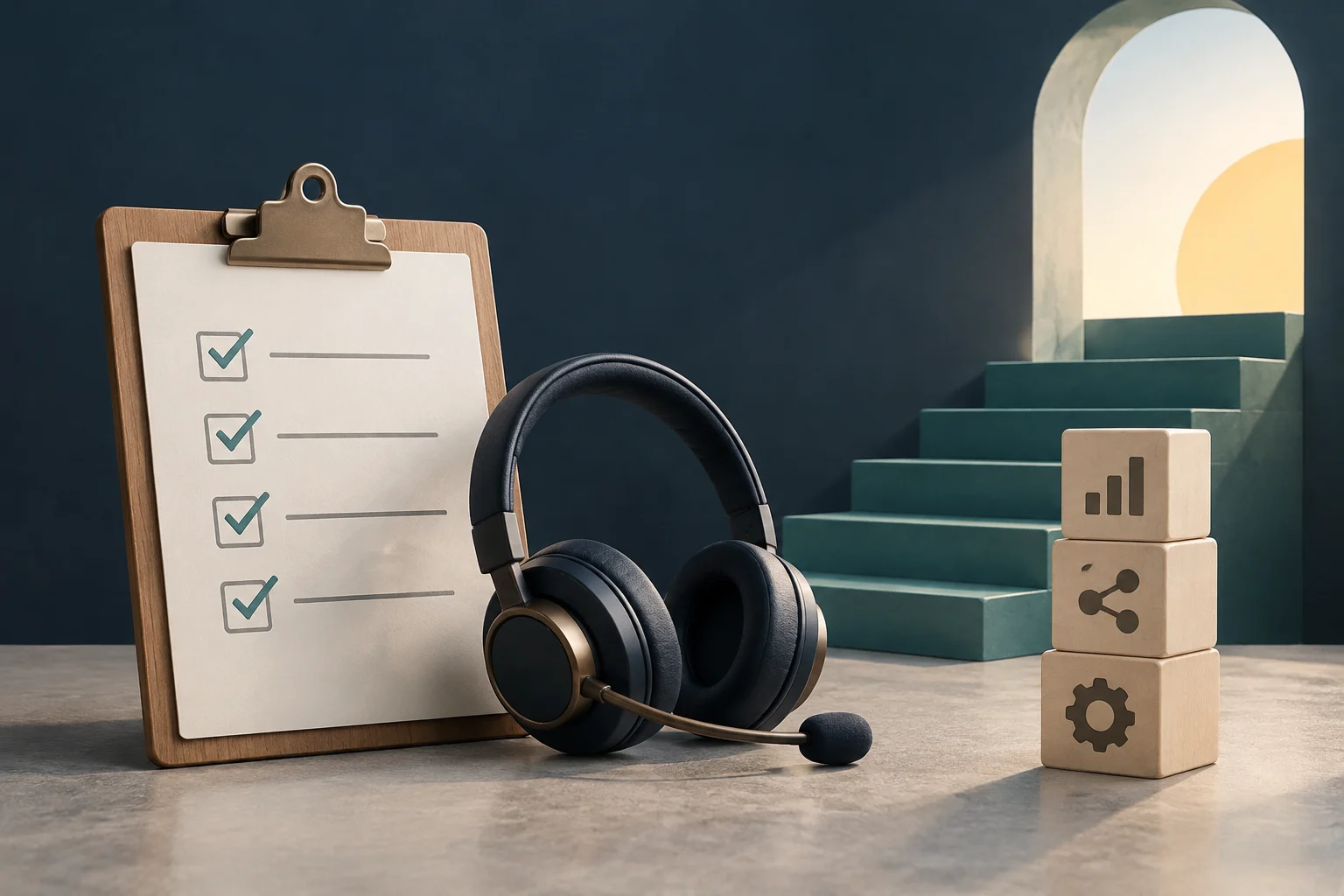 Ilustración conceptual con un auricular de atención al cliente, una lista de verificación en una tabla y bloques apilados con iconos de procesos, sobre un fondo con escaleras y una ventana.