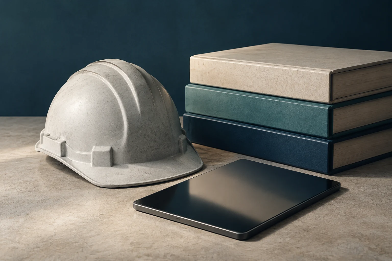 Casco de construcción gris, pila de tres libros de tapas duras y tableta digital sobre una superficie de hormigón.