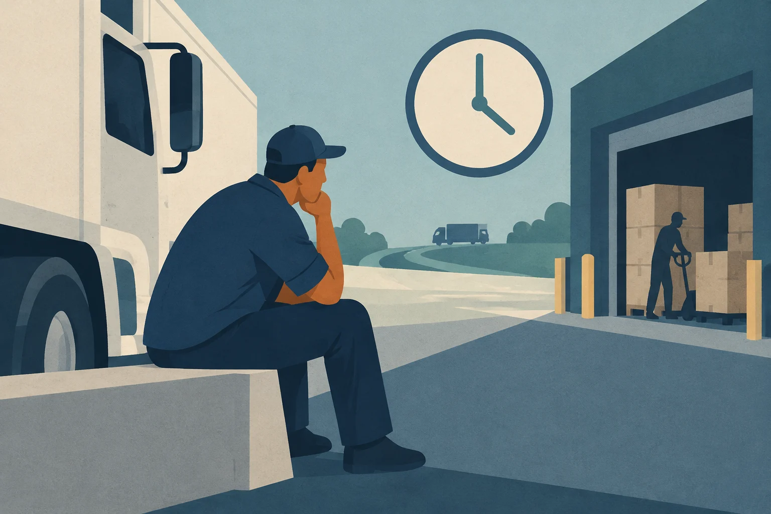 Ilustración de un conductor sentado en un muelle de carga esperando, con un reloj grande en el cielo y otro trabajador cargando cajas en el fondo.