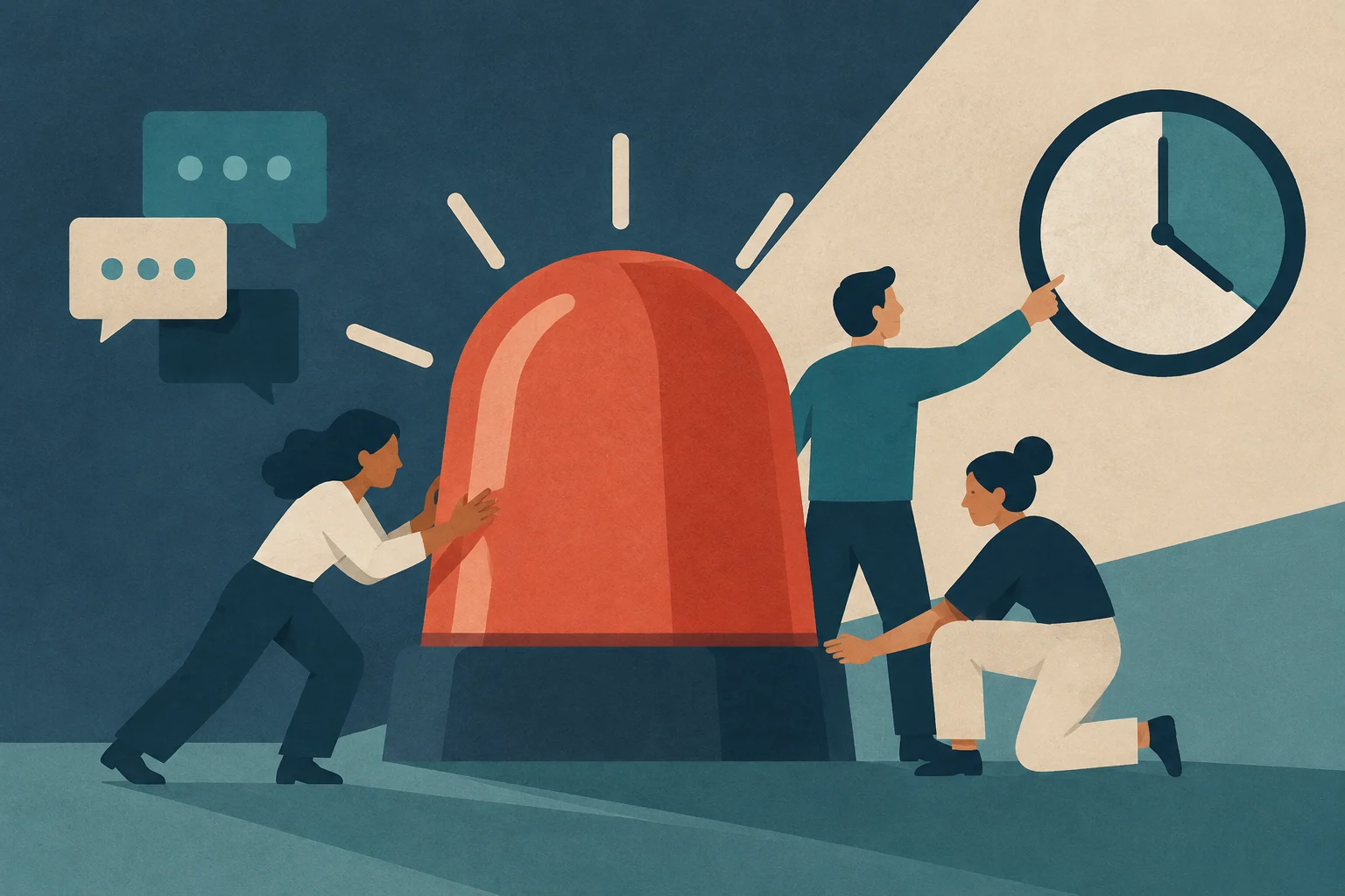Ilustración conceptual de tres personas gestionando una crisis: una empuja un gran botón de alarma rojo, otra señala un reloj de pared y una tercera sostiene la base del botón, con burbujas de chat flotando al fondo.