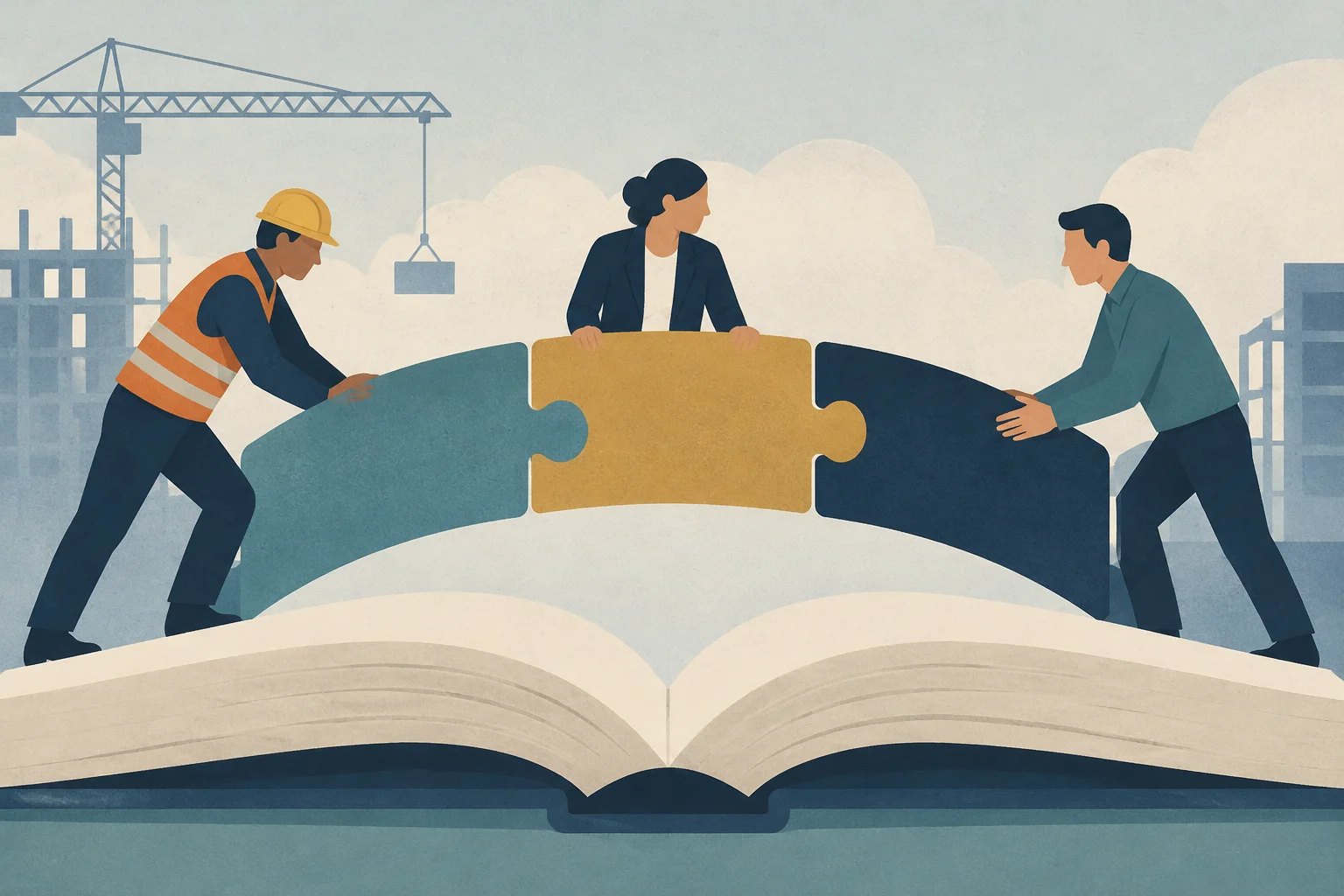 Ilustración conceptual de tres figuras, un operario de construcción, una profesional y un hombre, uniendo piezas de rompecabezas sobre un libro abierto, con una grúa y estructuras en el fondo.
