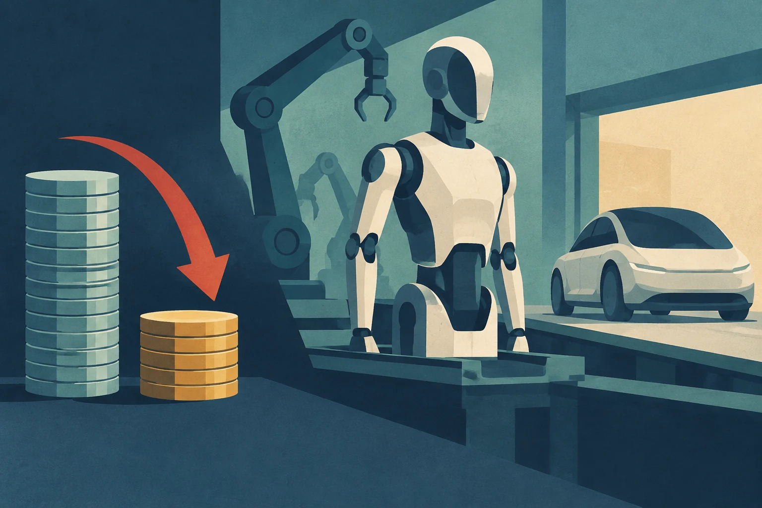Ilustración de un robot humanoide en una fábrica, con un brazo robótico detrás, un automóvil a un lado y dos pilas de monedas de distinta altura bajo una flecha descendente.