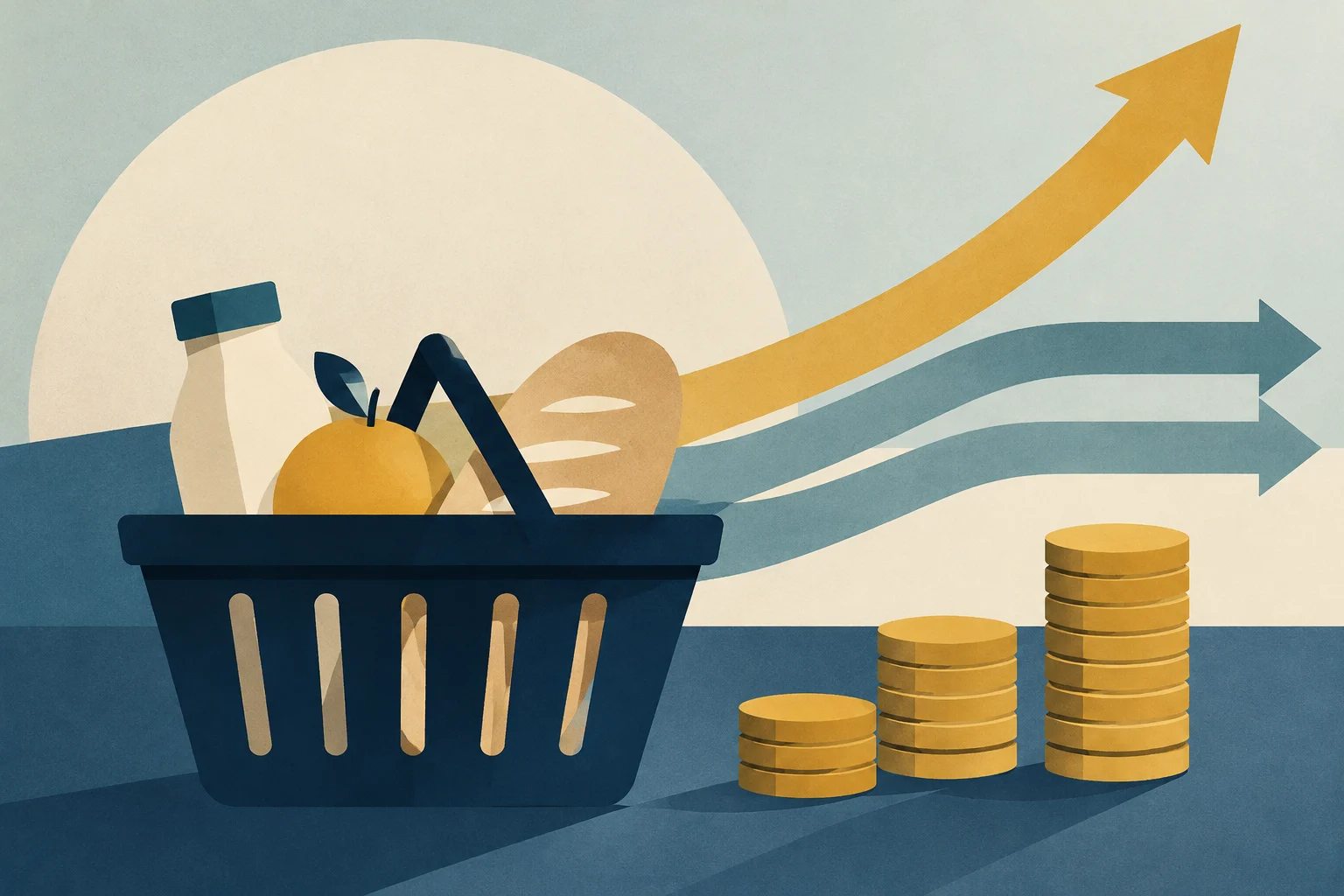 Ilustración plana con una cesta de la compra azul que contiene una botella, una fruta y pan, junto a tres pilas de monedas doradas de alturas crecientes y flechas ascendentes sobre un fondo con un círculo claro.