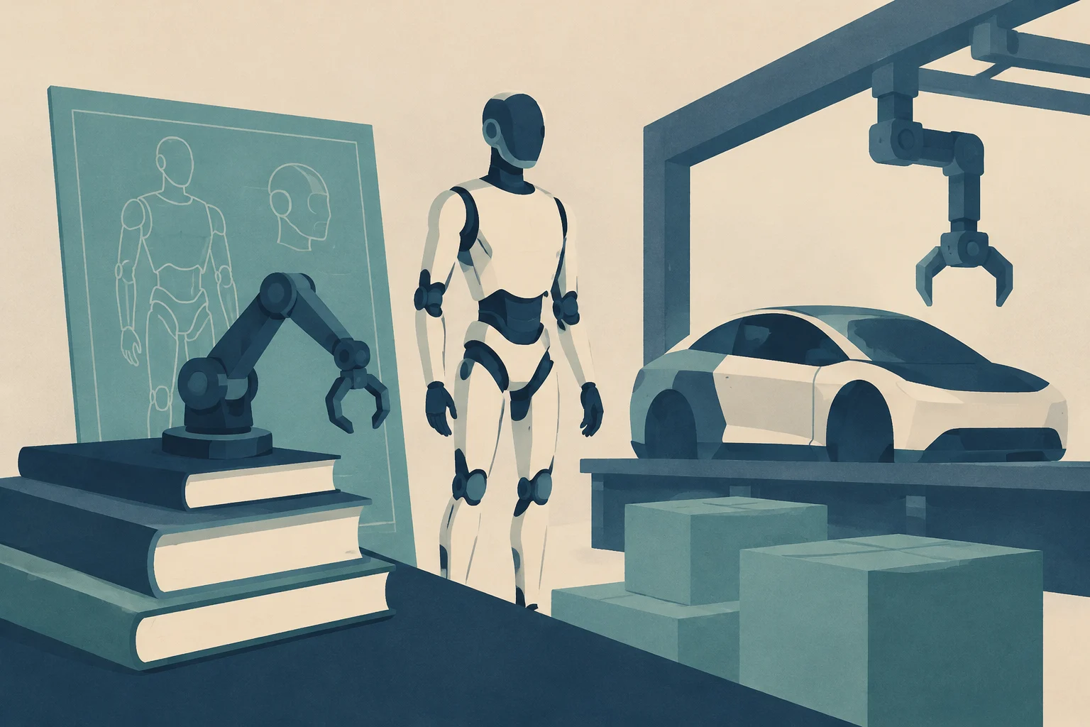 Ilustración conceptual de un robot humanoide de pie junto a un brazo robótico sobre libros y un vehículo en una plataforma de fábrica.