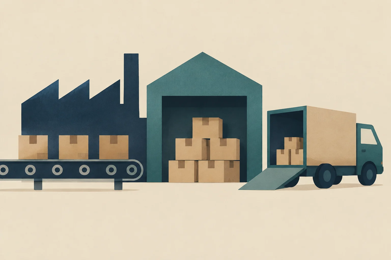 Ilustración de estilo recorte de papel que muestra, de izquierda a derecha, una fábrica con cinta transportadora y cajas, un almacén con cajas apiladas y un camión con la parte trasera abierta y una rampa cargando cajas, sobre un fondo beige.