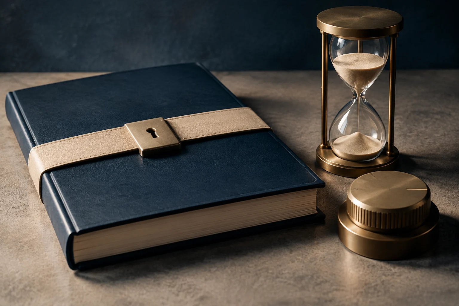 Un libro azul oscuro cerrado con una correa y un candado metálicos reposa junto a un reloj de arena y una pieza circular de metal.
