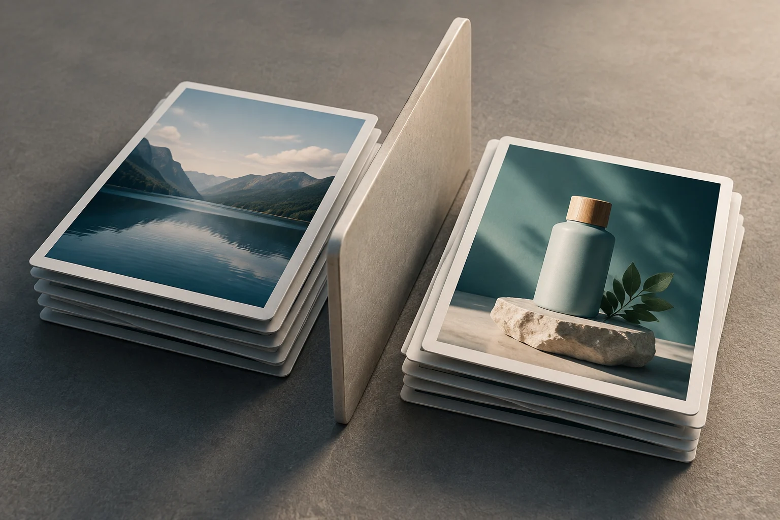 Dos pilas de tarjetas con imágenes, separadas por un panel vertical: una muestra un paisaje de montaña y lago; la otra, un frasco sobre una piedra junto a unas hojas.