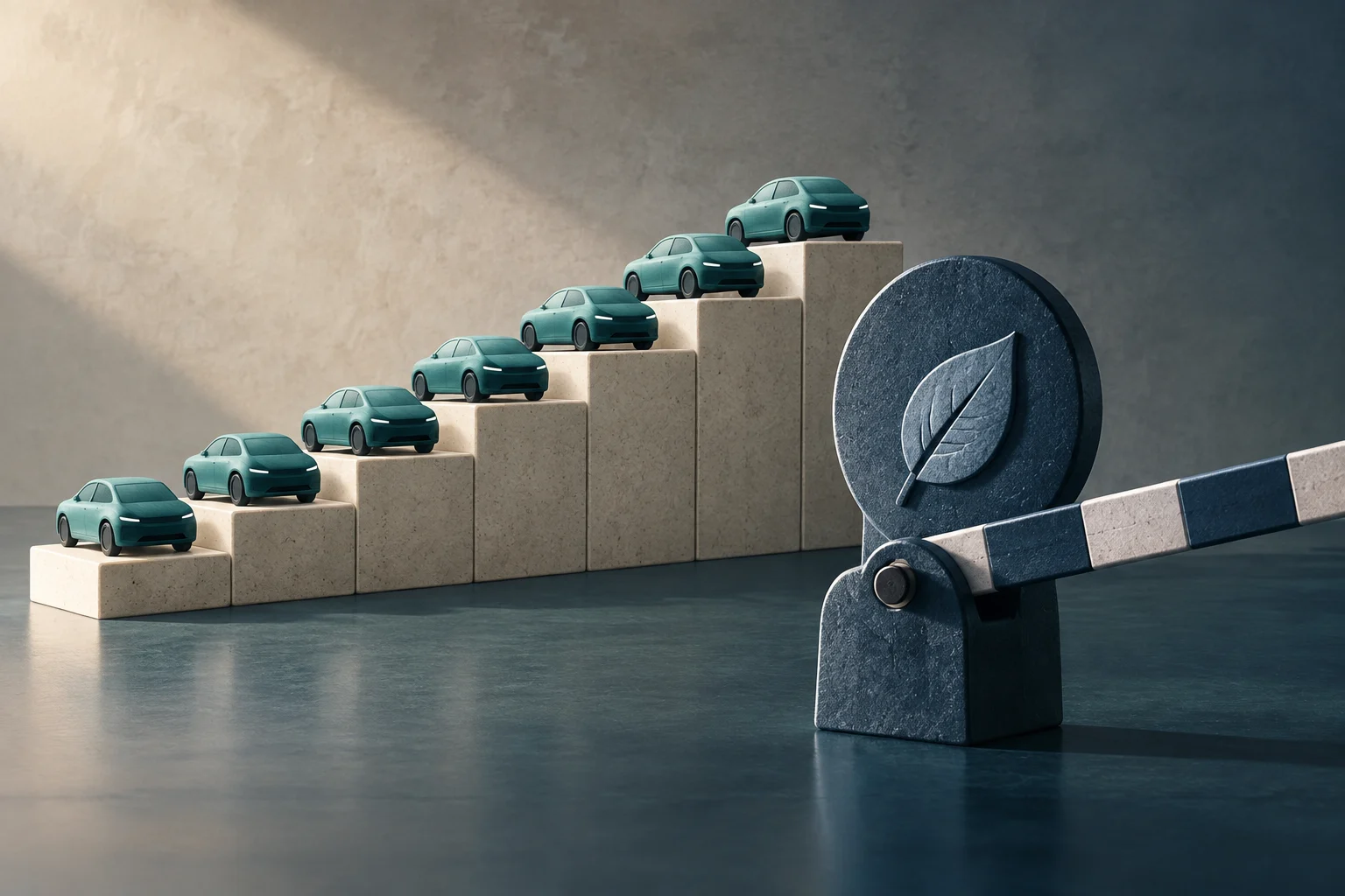 Plusieurs voitures électriques turquoise gravissent un escalier de blocs ; à droite, une barrière ornée d’un disque sombre avec une feuille leur barre la route.