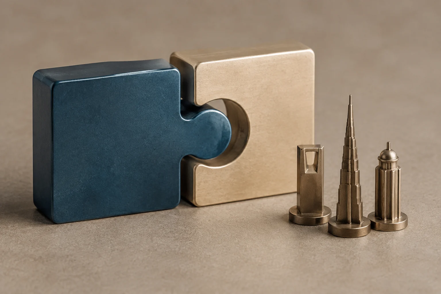 Deux pièces de puzzle, l’une bleue et l’autre dorée, s’emboîtent à côté de trois petites silhouettes de bâtiments sur une surface neutre.