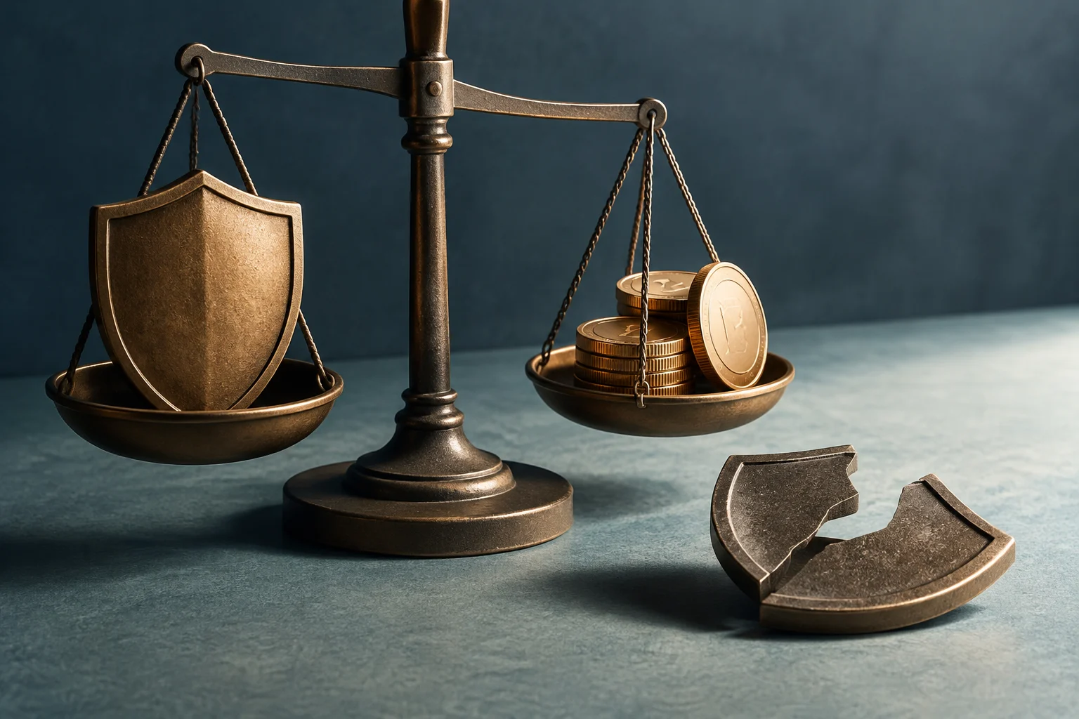 Une balance en métal porte un bouclier dans un plateau et plusieurs pièces dans l’autre ; un fragment de bouclier brisé repose sur la table à côté.