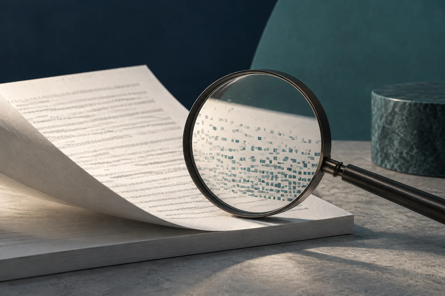 Une loupe est posée sur une feuille aux lignes de texte floues ; de petits carrés de différentes teintes apparaissent sous la lentille.