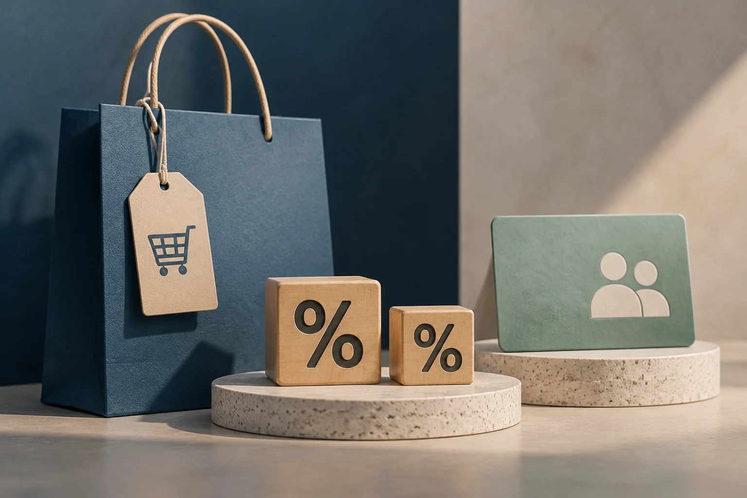Un sac de courses bleu avec une étiquette portant une icône de panier, deux blocs en bois ornés de symboles de pourcentage et une carte verte avec une icône de personnes, disposés sur des socles.