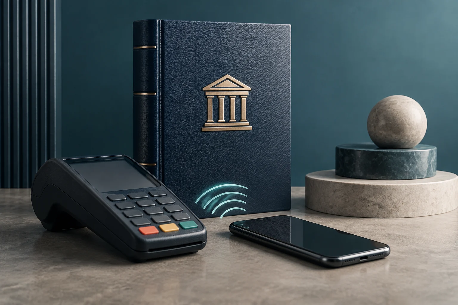 Un terminal de paiement et un téléphone reposent sur une table, devant un livre sombre orné d’un symbole de bâtiment bancaire, à côté de formes circulaires en pierre.