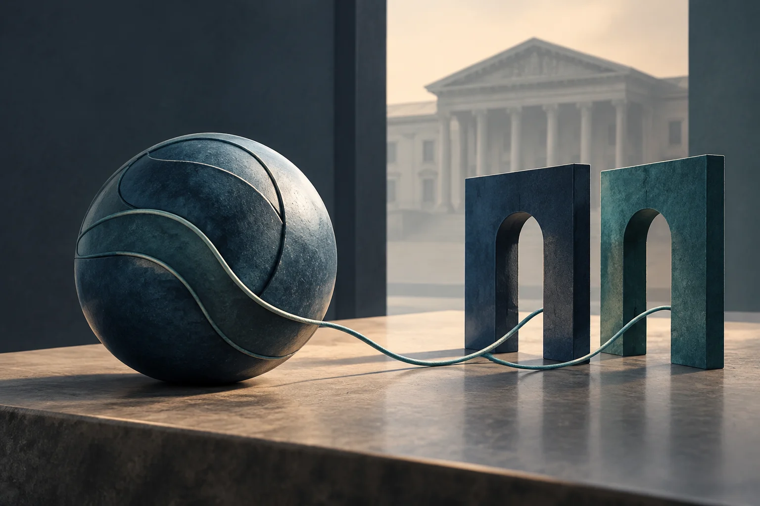 Une sphère sombre, traversée par une ligne courbe évoquant un câble, est reliée à deux blocs rectangulaires ouverts, devant un bâtiment à colonnes et à fronton.