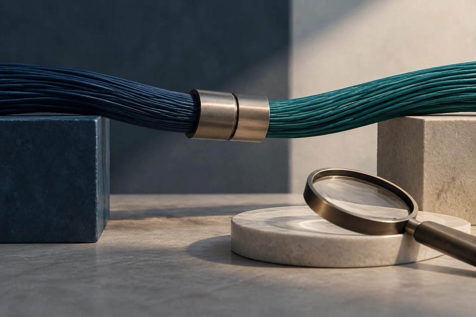 Deux faisceaux de câbles, l’un bleu foncé et l’autre bleu-vert, sont reliés par des raccords métalliques. Une loupe repose à côté sur des blocs de pierre.