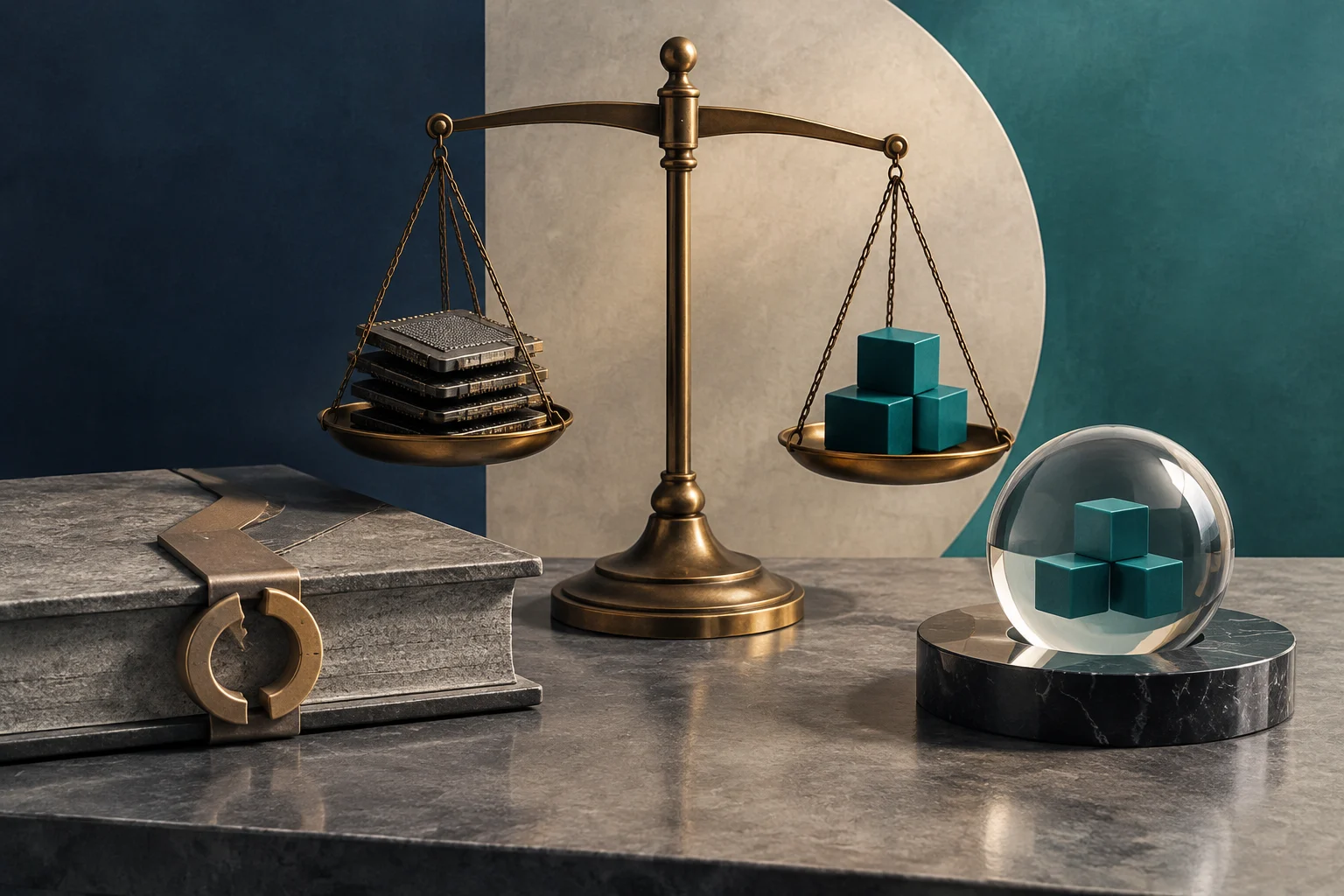 Une balance en laiton porte plusieurs puces électroniques dans un plateau et des cubes turquoise dans l’autre. À côté se trouvent un livre de pierre avec des menottes et, de l’autre côté, une sphère transparente contenant d’autres cubes.