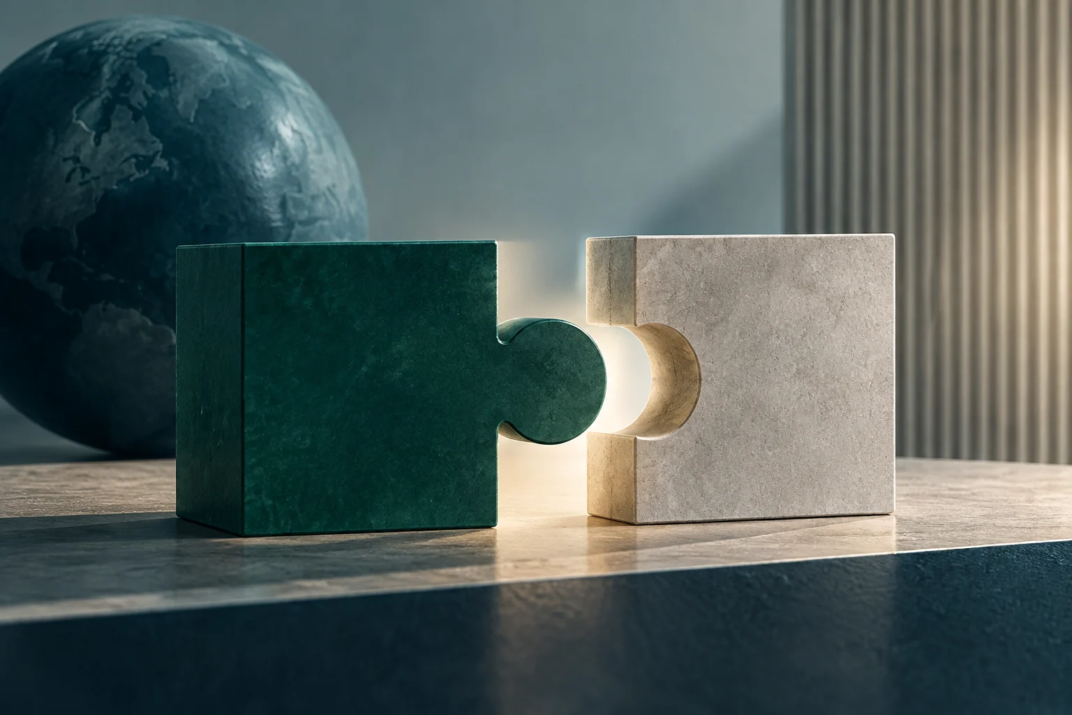 Deux blocs en forme de pièces de puzzle, l’un vert foncé et l’autre clair, sont sur le point de s’emboîter sur une surface en pierre, avec un globe à l’arrière-plan.