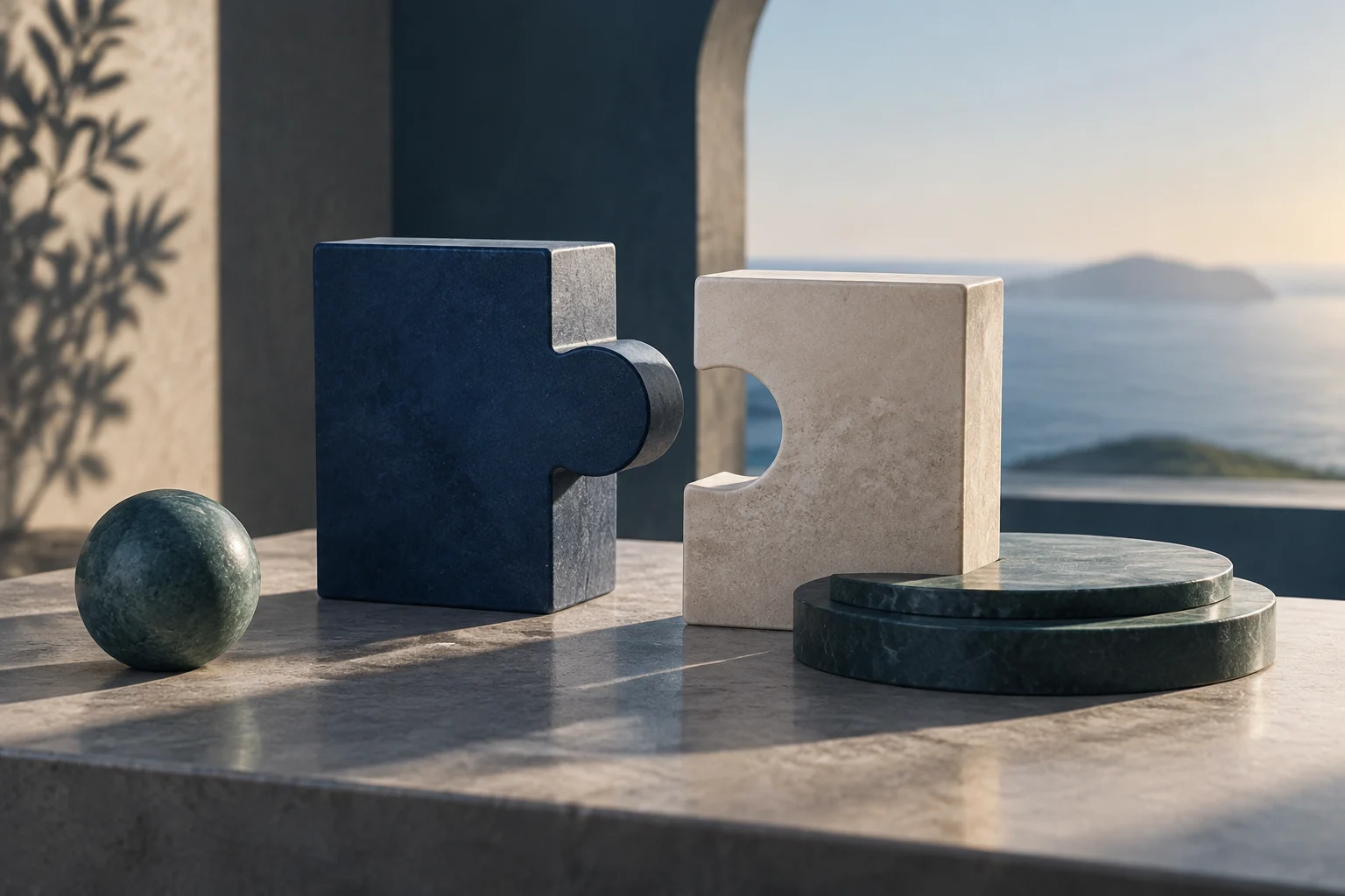Deux pièces de puzzle en pierre, l’une bleu foncé et l’autre beige, s’emboîtent presque sur une table, près d’une sphère et de deux disques, avec la mer en arrière-plan.