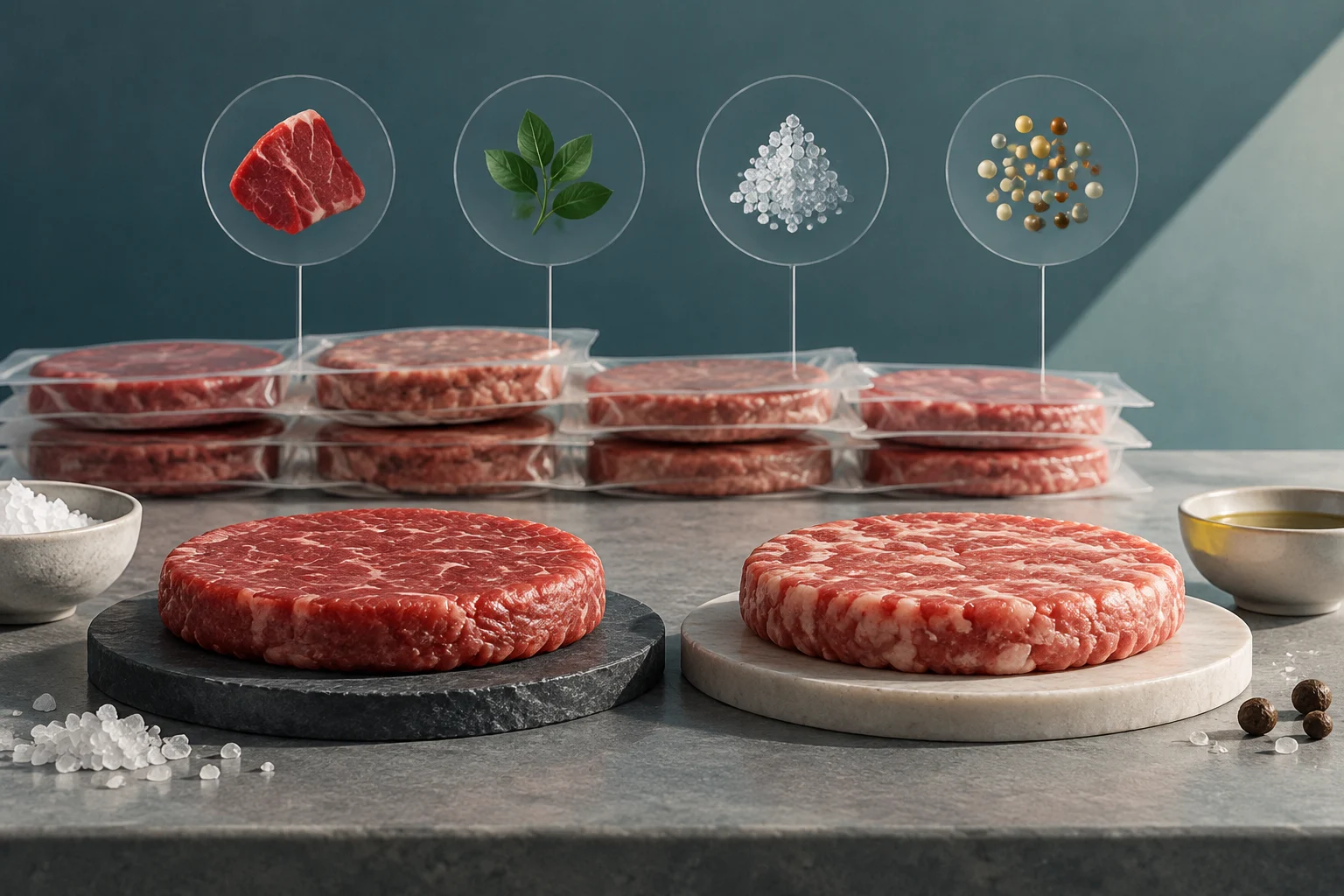 Plusieurs steaks hachés de bœuf crus, certains dans des barquettes transparentes, à côté de deux grands steaks posés sur des supports ronds. Au-dessus, des cercles montrent de la viande, des feuilles, des cristaux de sel et de petites sphères ; du sel et des épices sont éparpillés sur la table.
