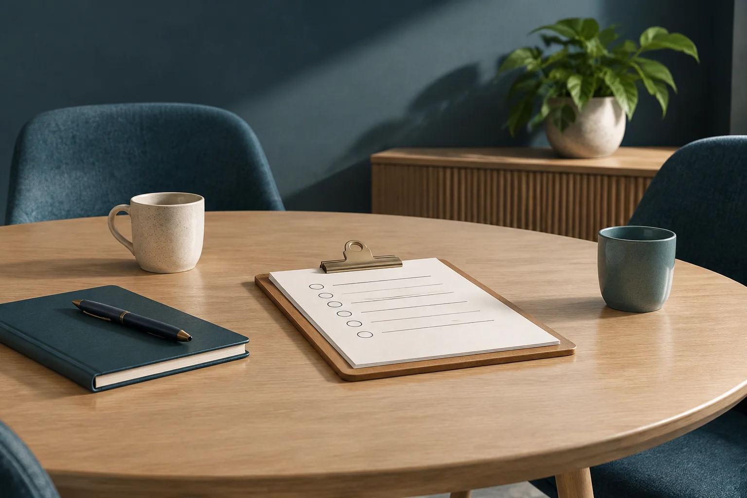 Une liste de vérification vierge sur un porte-bloc, à côté d’un carnet et d’un stylo, sur une table avec deux tasses et des chaises.